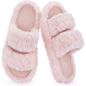 Women’s Light Pink Pluffie Arch Memory Foam Cozy Faux Fur Open Slippers Shoes